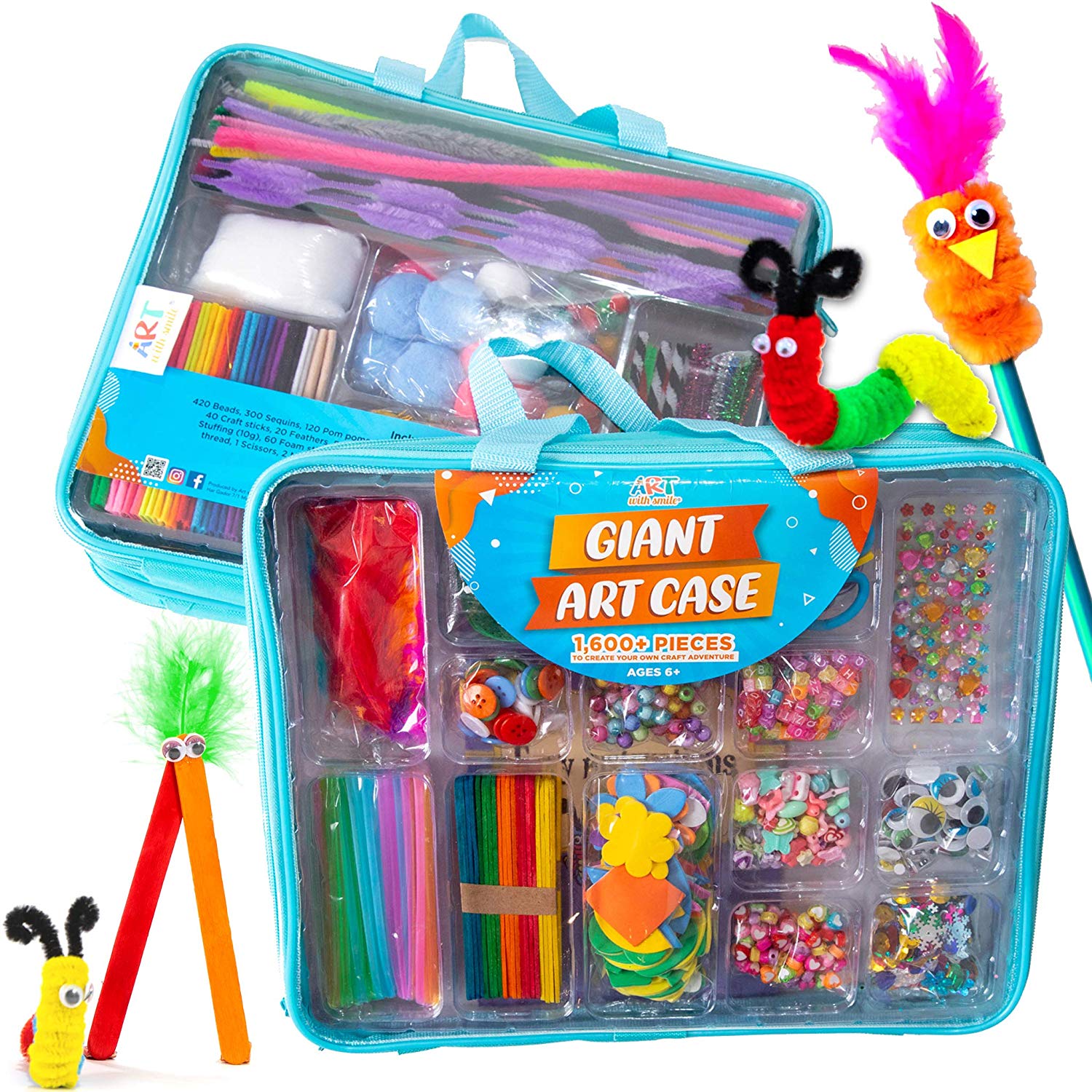DIY Arts and Crafts Supplies Kit 1500 Piece Set Buttons Beads Pipe Cleaners 